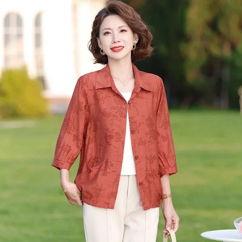 Jacquard-Bluse für Damen mittleren Alters, 3/4-Ärmel, Umlegekragen, lockere Passform, lässiges Hemd
