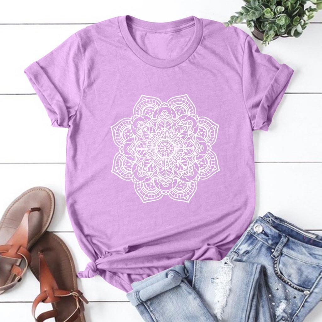 Women's Fashion Casual Round Neck Short Sleeve Flower Print T-Shirt Top
