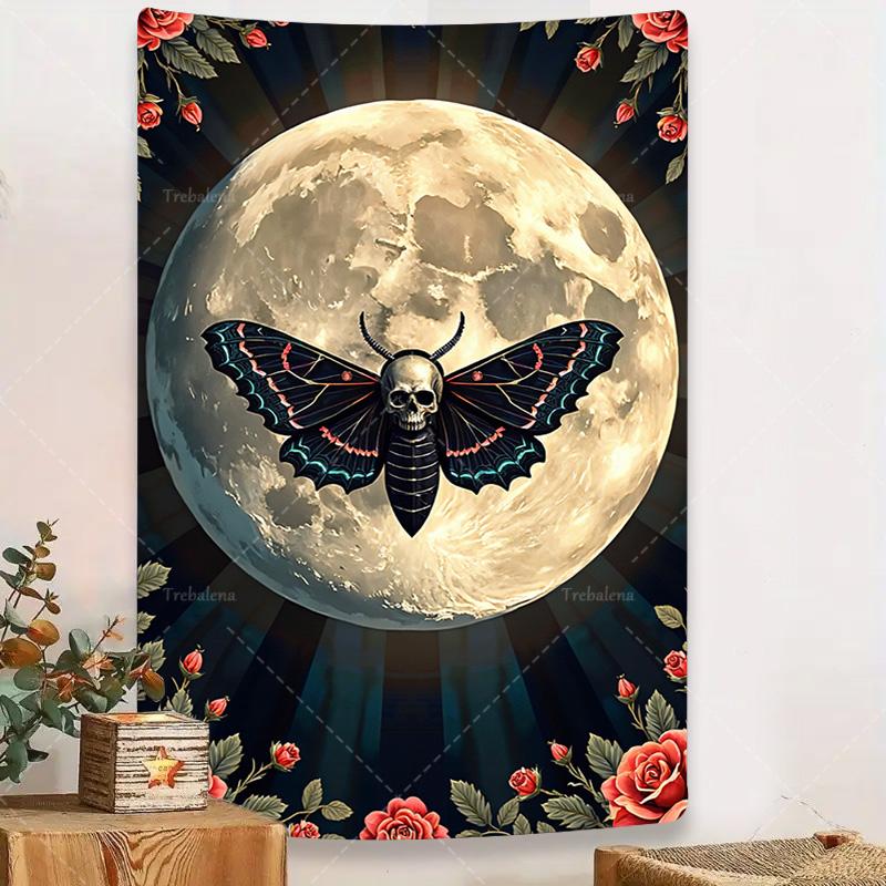 1pc Wall Tapestry Skull Moth Tapestry with Roses and Full Moon, Gothic Boho Wall Art Decor
