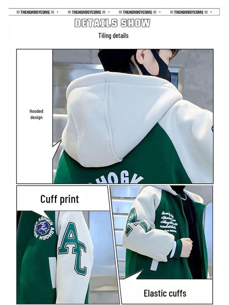 Jungen Mittlere-Große Koreanischer Stil Patchwork Kapuzen-Baseballjacke - Frühling/Herbst 2025