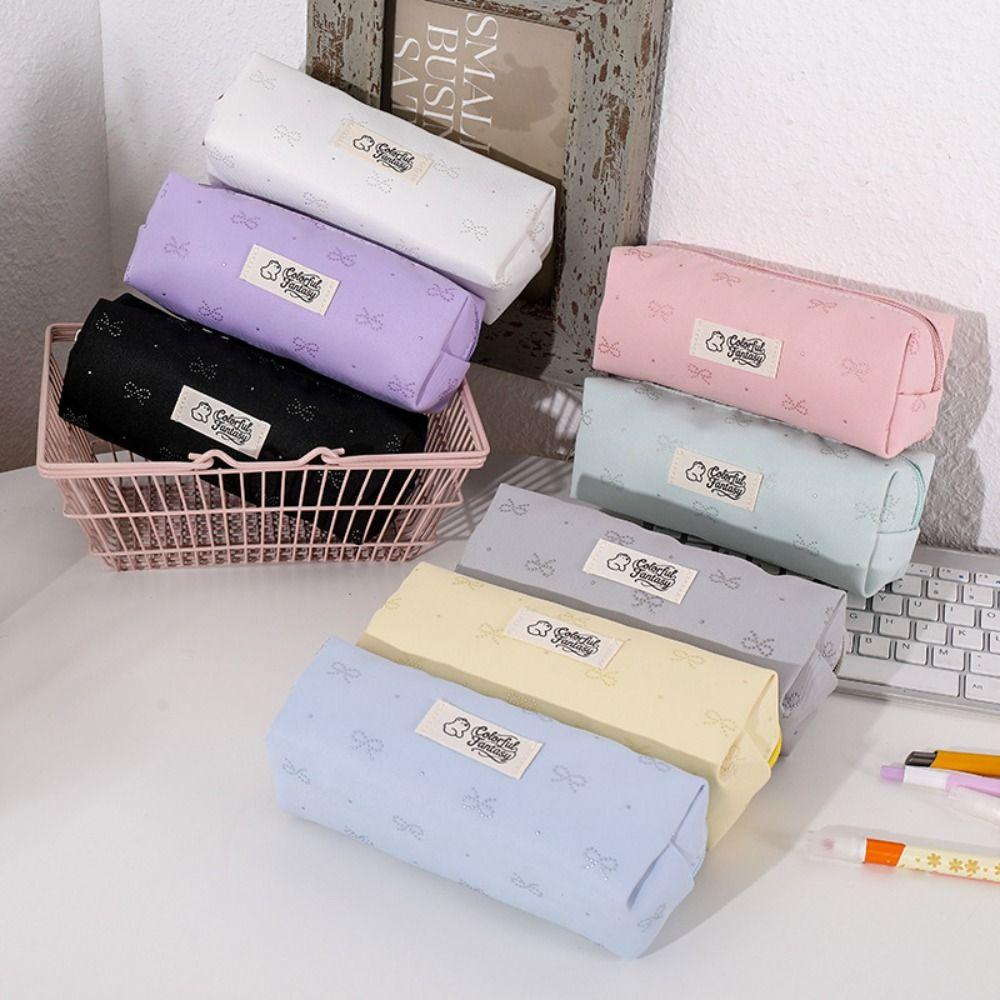 Pastel Color Pen Bag Bow Embroidery Pencil Pouch Durable Pencil Case  Students