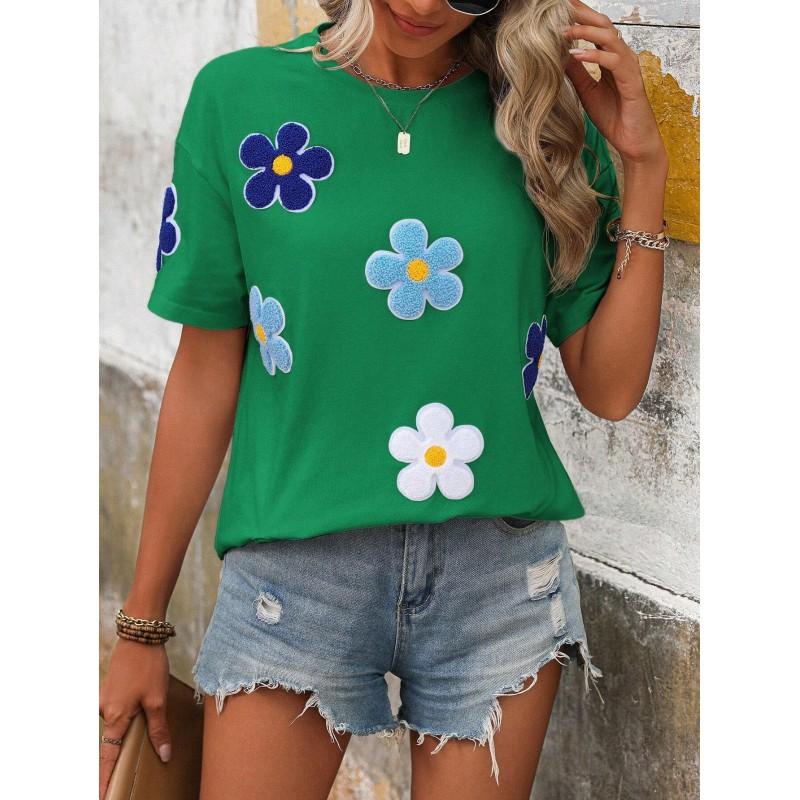 Womens Casual Short Sleeve Round Neck T-Shirt With Striped Print Loose Fit Milk Silk Blend Comfortable 2025