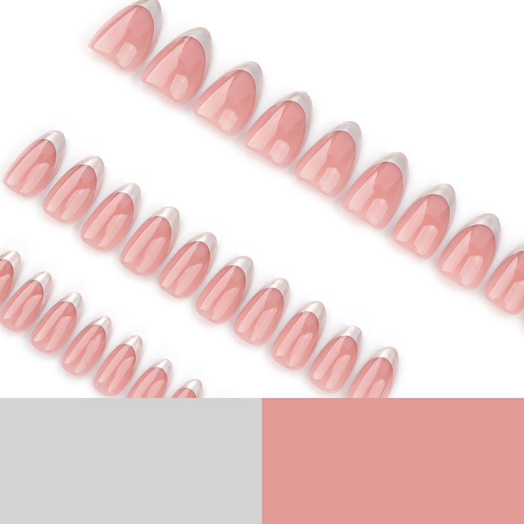 Silver French Tip Press On Nail Short Almond Full Cover False Nail Simple Stick On Nail Simple Artificial Nail