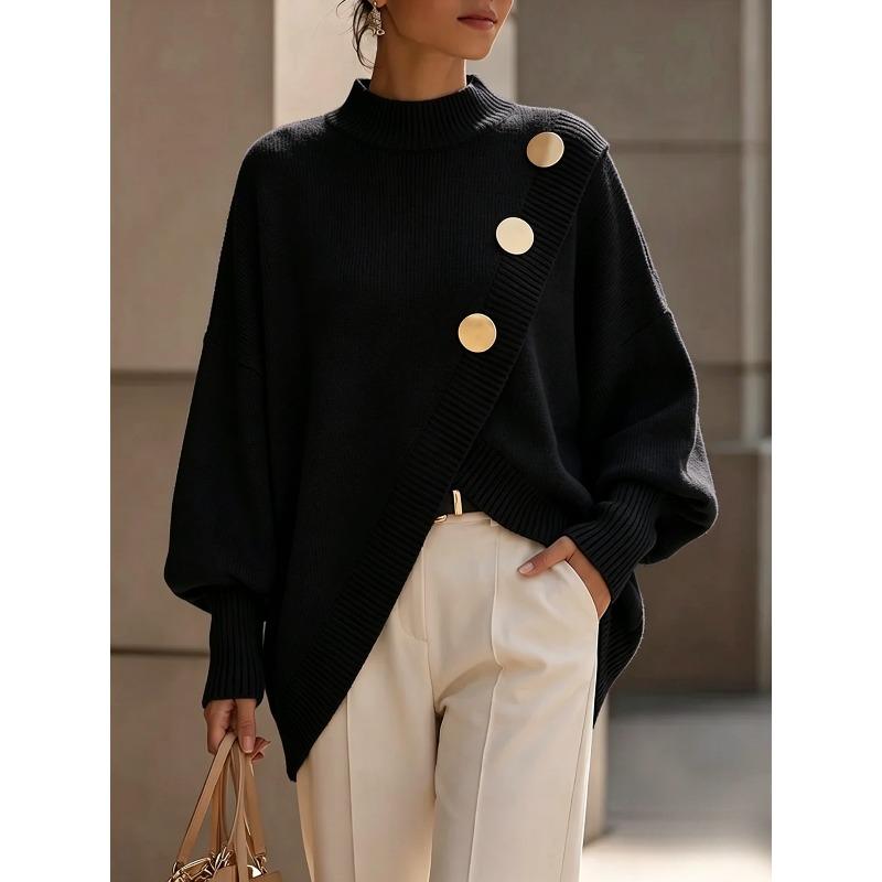 HNXC Women's Long Sleeve Mock Neck Asymmetric Sweater Fashion Casual Autumn Winter Loose Sweaters Classic Exquisite