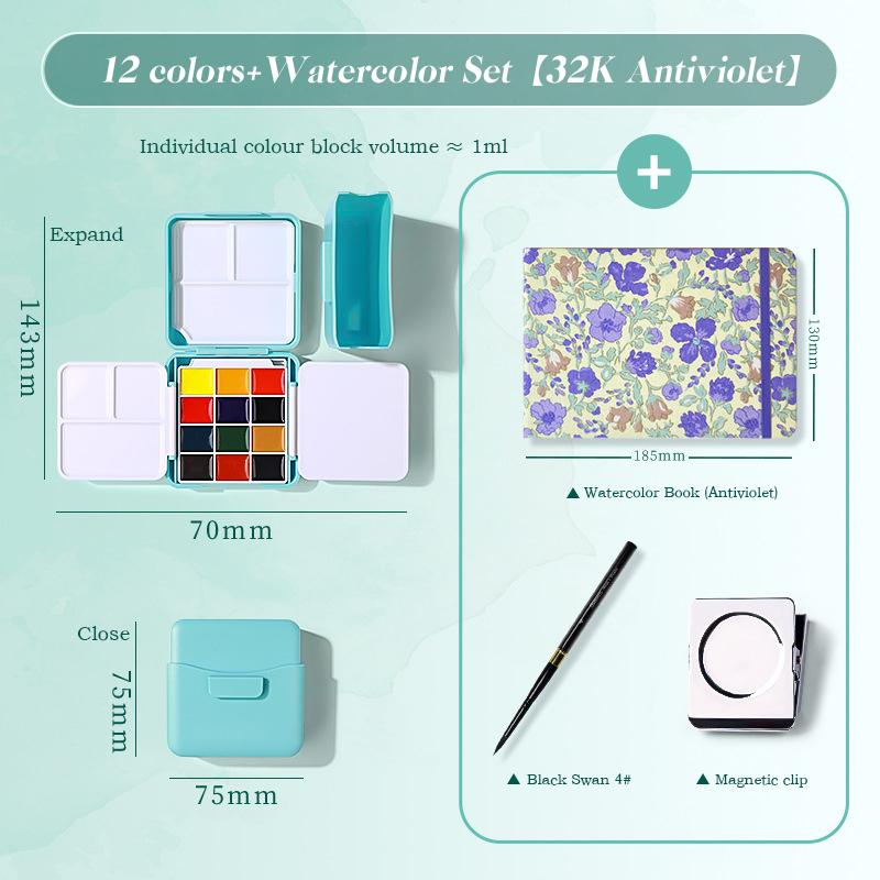 12/24 Colors Portable Travel Watercolor Palette With Waterbox Mini Paint Box Sketchbook Water Brush Student Outing Art Supplies