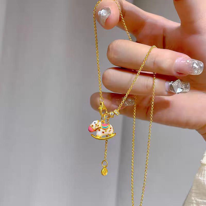 Vietnam Sand Gold Zodiac Horse Enamel Necklace: Women's Rocking Horse Pendant Clavicle Chain