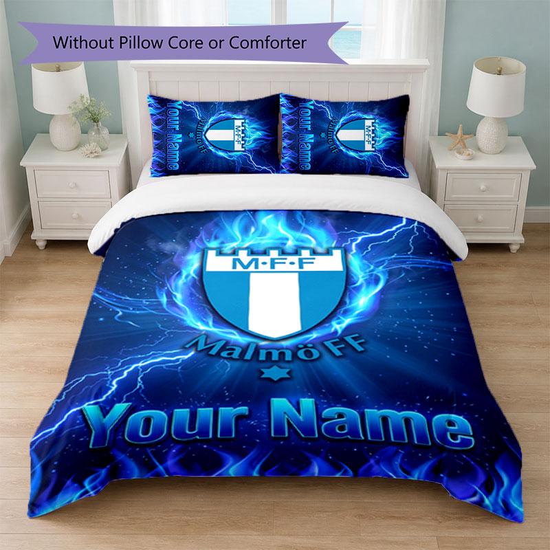 Malmö FF Custom Name Text Bedding Set 1 Duvet Cover+2 Pillowcases Soccer Logo Personalized Gift For Special Occasion Bedroom Decor