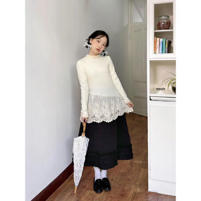 

Women s De Rong Lace-Trim Skirt & T-Shirt Combo: Autumn Layering Long Sleeve Base Layer Extra Large абрикосовый