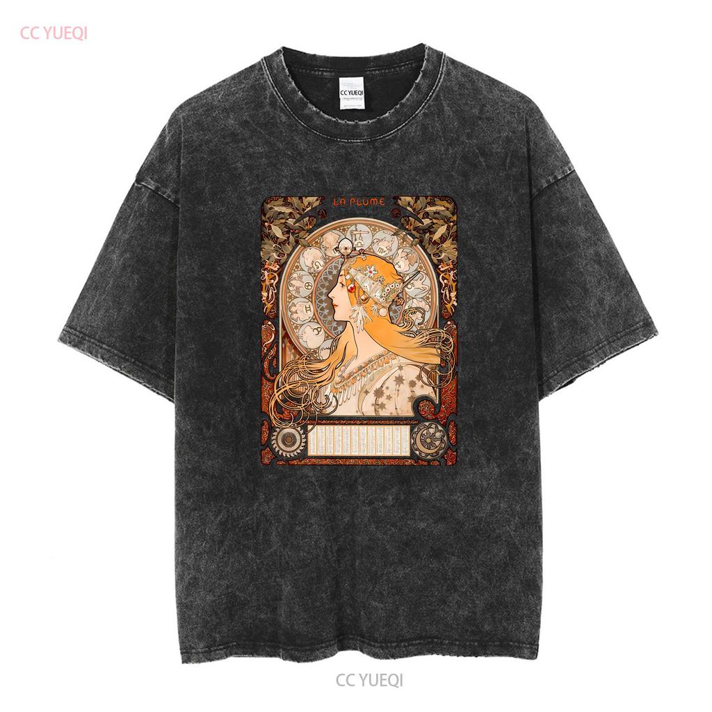 Alphonse Mucha Zodiaque La Plume T Shirt Art Nouveau Aesthetic Clothes History Indie Famous Artist vintage Washed Slightly