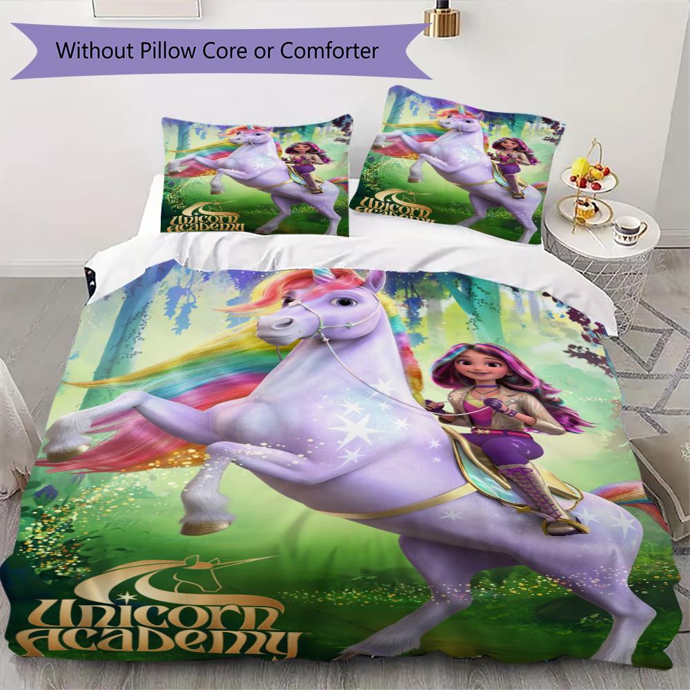Unicorn Academy Pattern Bedding Uilt Set Uilt Cover Pillowcase Home Decoration Birthday Gift (1 * Duvet Cover + 2 * Pillowcase Without Core)95