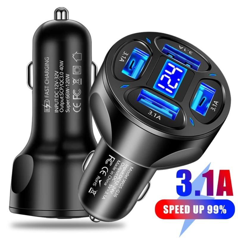 Car Phone Charger 4 Ports USB Fast Charging Cigarette Lighter Adapter Digital Display Phone Chargers for Iphone Xiaomi Samsung