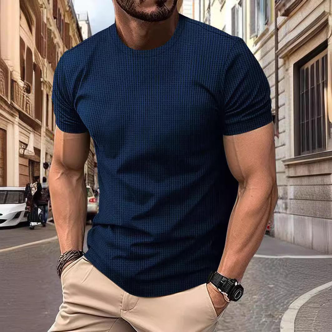 

Cross-border High-end Mesh Ice Silk Short-sleeved T-shirt Men s Crew Neck Summer Solid Color New Nylon Slip T-shirt S темно-синий