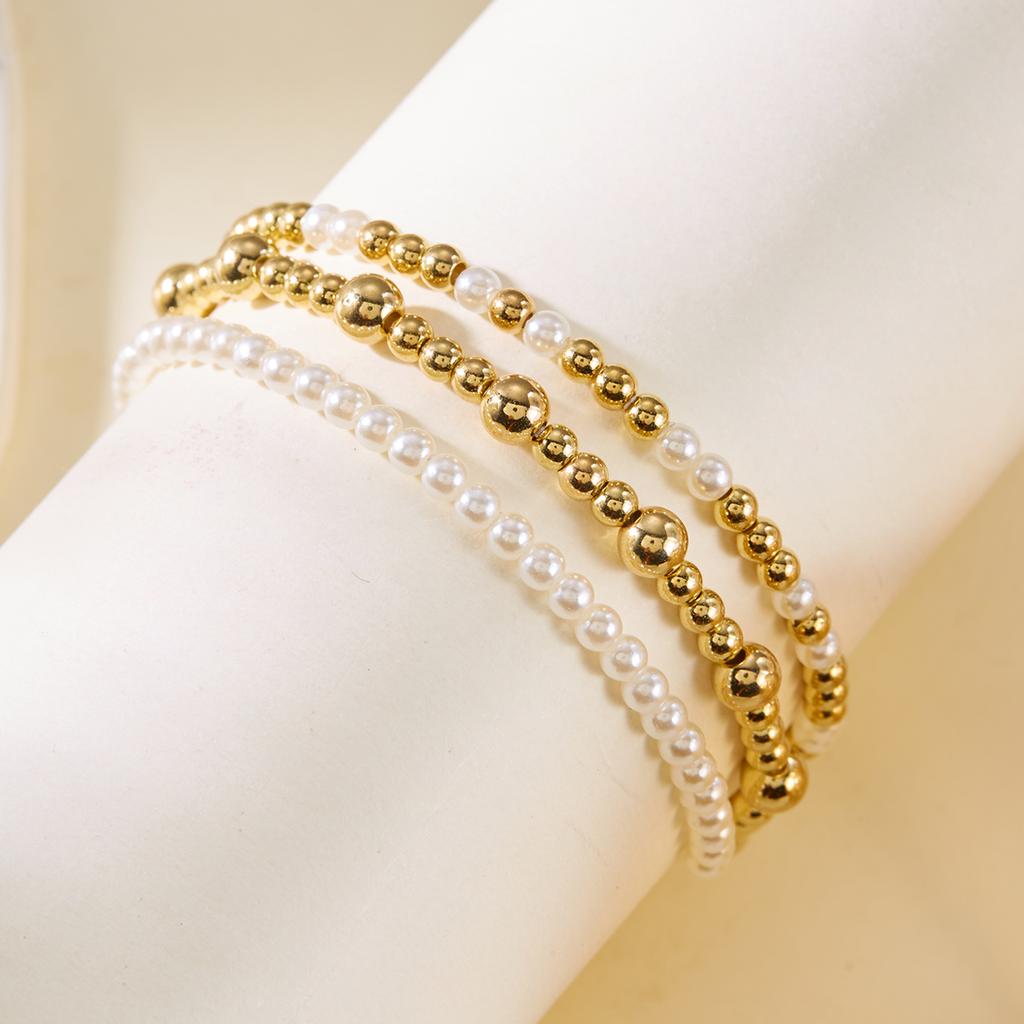 Vintage Handmade Gold Bead And Imitation Pearl Elastic Bracelet Set For Women Boho Party Fashion Jewelry