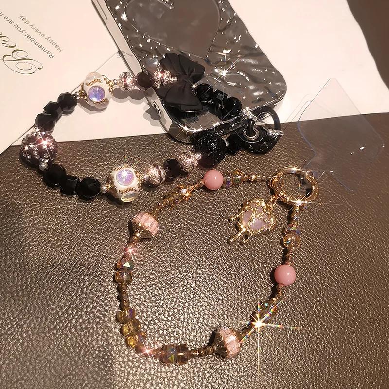 Mobile Phone Lanyard Wrist Ornament Gold Border Heart Pendant Crystal Bead Bracelet Universal Anti Loss Lanyard for Phone Cases
