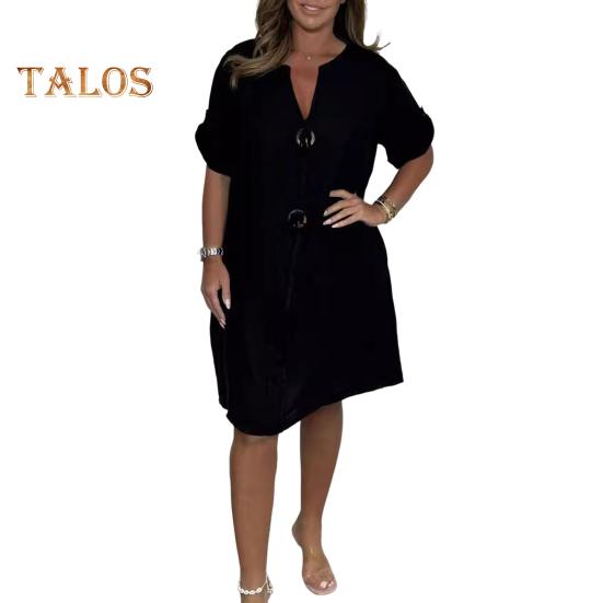 Summer Autumn Women Dress V Neck Threee Quarter Sleeves Loose Plus Size Knee Length Retro Daily Wear Office Casual Midi Dress