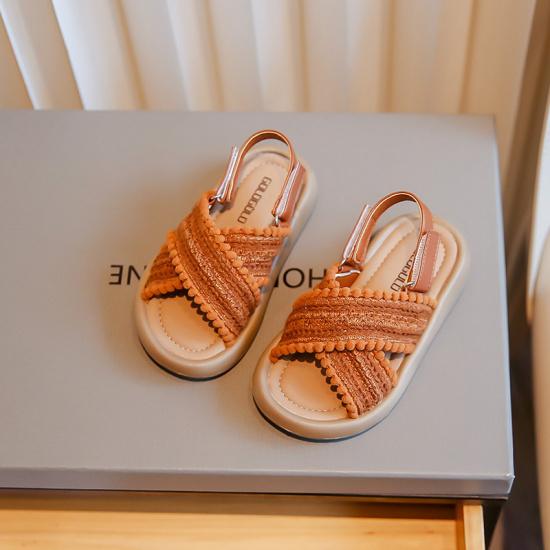 

Children s girls sandals, woven beach shoes, little girls soft-soled princess-style baby casual shoes with rhinestones 23Inner Length15cm коричневый