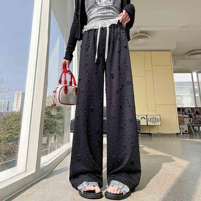 Plus Size Distressed Rhinestone Ice Silk Wide-Leg Pants for Women - Summer Thin High-Waisted Slimming Loose Straight-Leg Floor-Length Trousers