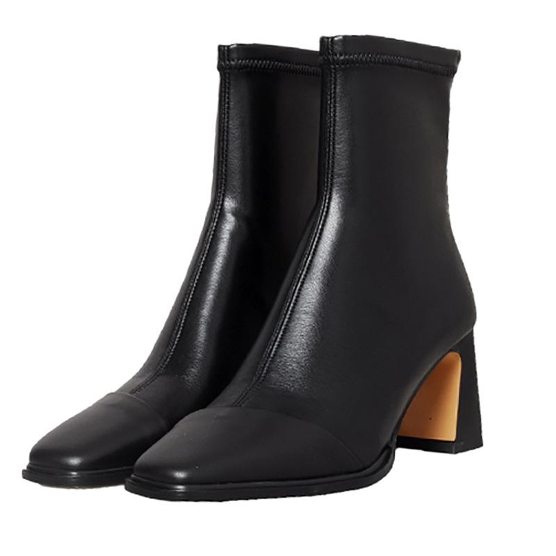 French retro thin boots women's Martin boots autumn and winter temperament foreign style square head high heels short boots thick heel elastic single