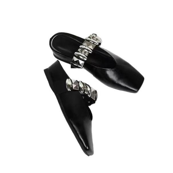 French temperament bag head shoes, women's one-pedal metal buckle square head half slippers, genuine leather inner height-increasing sandals