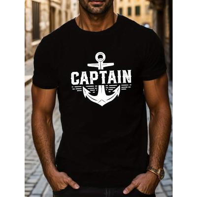 European Size Men's Casual Crew Neck T-Shirt with Geometric Anchor Captain Print, Regular Fit, Short Sleeve Top for Men