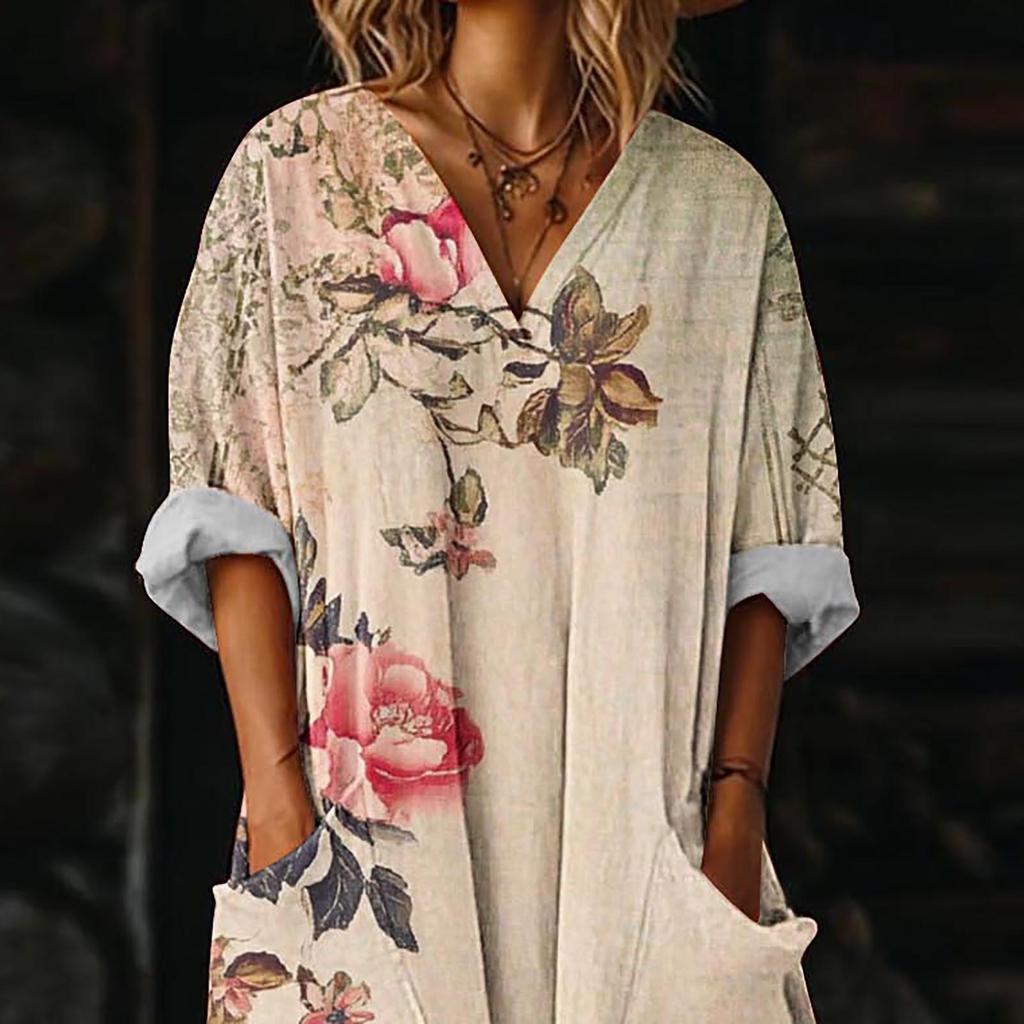 Dames V-hals Losvallende Maxi Jurk met Bloemendruk, Korte Mouwen, Zakken en Asymmetrische Zoom voor Casual Kleding