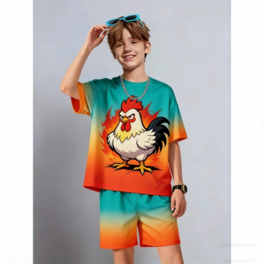 Men's Set Fun Cartoon Chicken Printed Men's T-shirt and Shorts 2 Piece Set Summer Casual Outdoor Men's and Women's Outfit Clothing