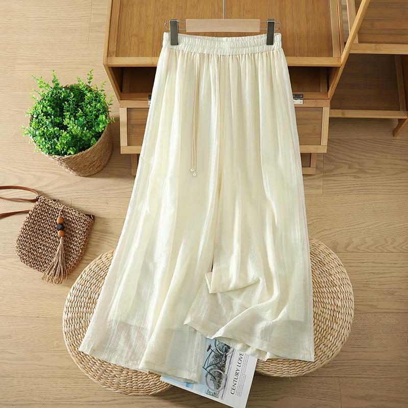 DIMANAF Plus Size 2026 Women Linen Pants Elastic Waist Vintage Basic Lady Solid Lace Wide Leg Long Pants Oversize Loose Tencel