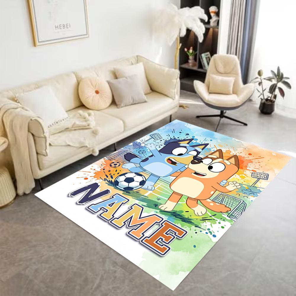 Bluey Soccer Adventure Personalized Text Floor Mat Perfect for Entryway Outdoor Playrooms Dining Room Antislip Carpet Decorate Offices