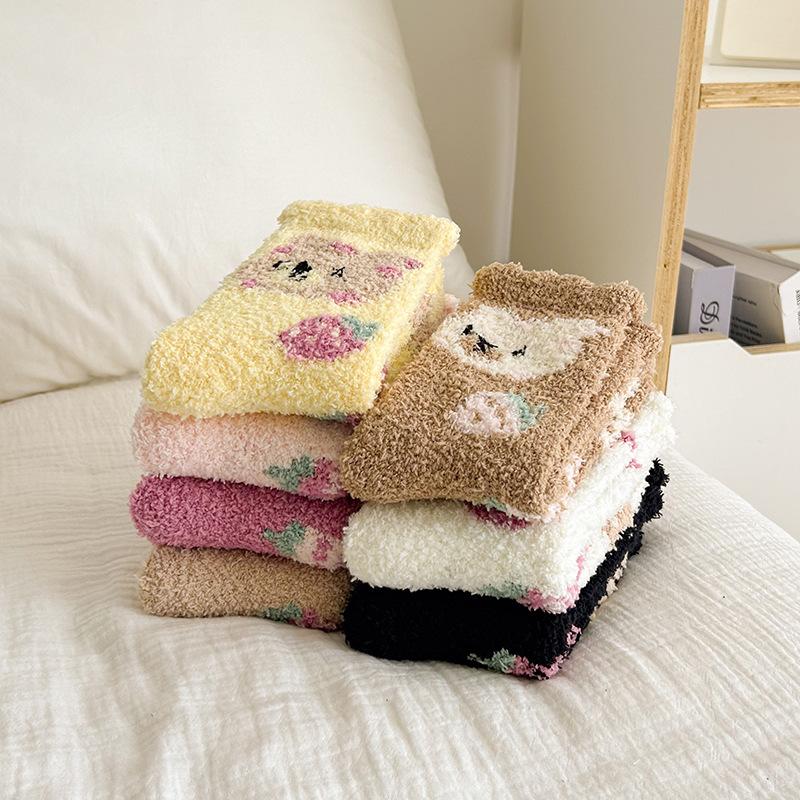 Fashion Coral Fleece Women Socks Warm Home Floor Socks Cartoon Strawberry Bear Socks Plush Mid Tube Sleep Socks
