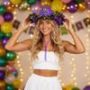 Hat with Purple Gold Green Feathers and Ribbon Trim for Celebrations