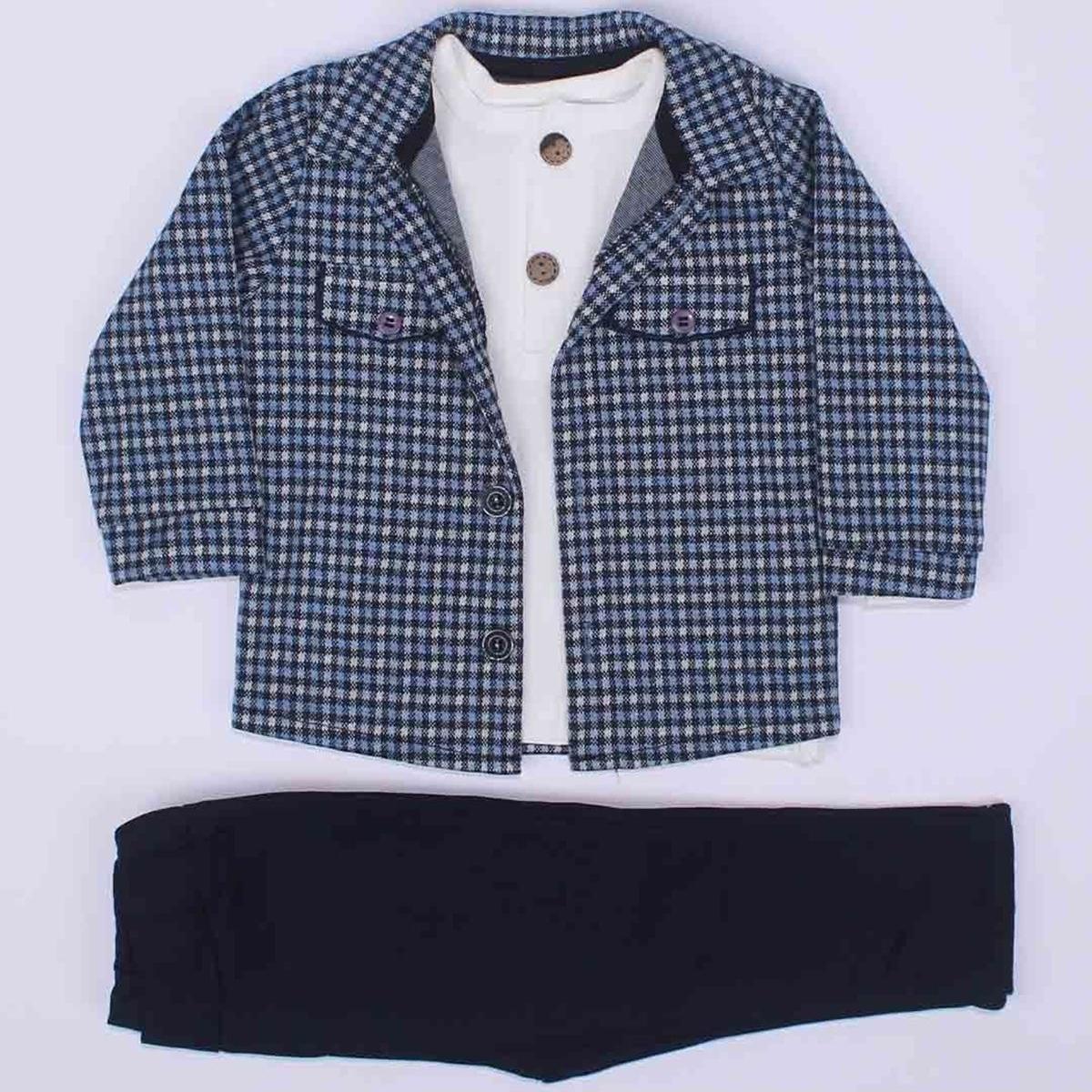 

Baby Boy Blue Plaid Jacket and Trousers 3-Pack Set