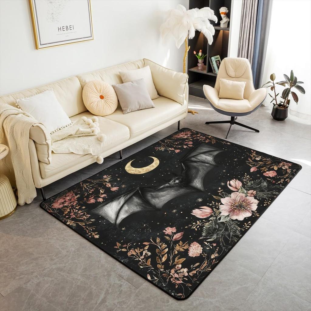 Cute Black Bat Large Area Rug 5x7, Floral Plant Leaves Living Room Rug, Starry Sky Moon Galaxy Rugs for Bedroom Boho Exotic European Style C
