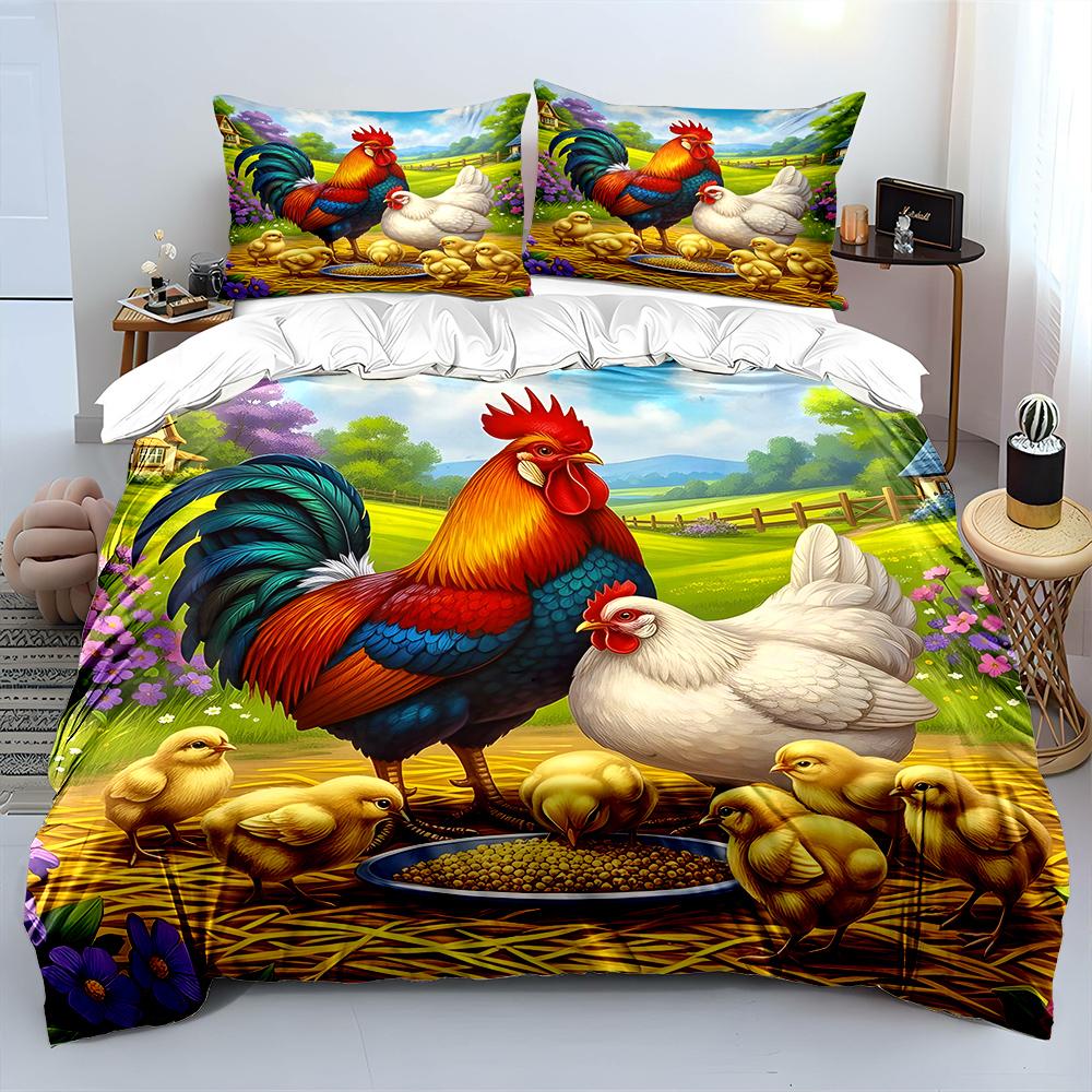 Farm Rooster Hen and Chicks Print Soft Comfortable Duvet Cover Bedding Set Included 1*Duvet Cover 2*Pillowcases Luxury Gifts