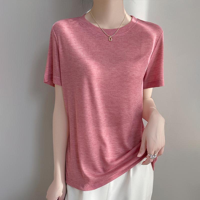

Женская летняя новая короткая тонкая футболка с круглым вырезом из мягкой приятной для кожи ткани, универсальная с короткими рукавами XL розовый