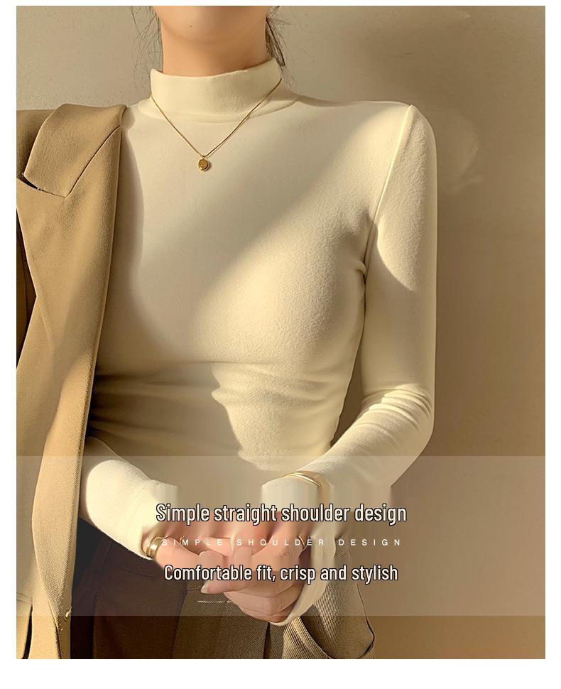 Women's Fleece-Lined Slim Fit Knit Top - Half High Neck Long Sleeve for Spring, Autumn, Winter 2024