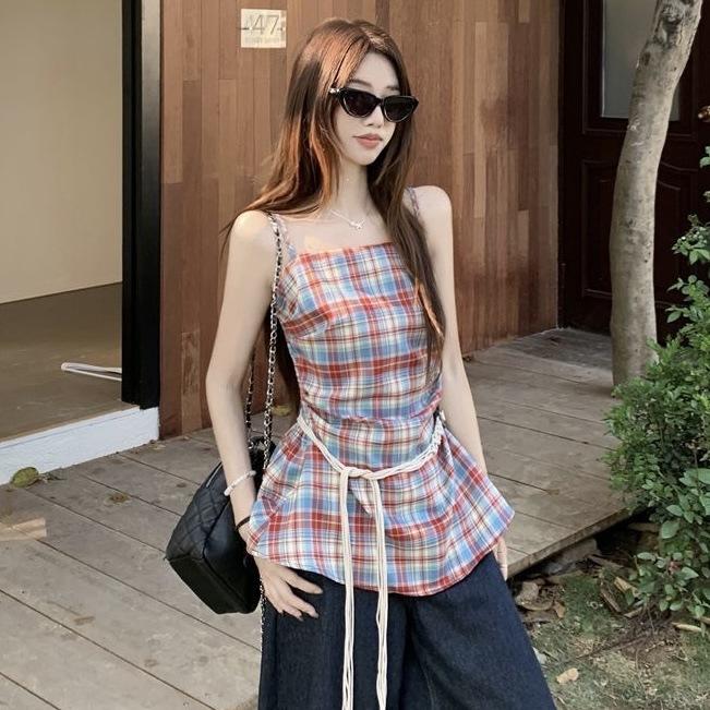 Korean retro red plaid waist suspender female summer spice girl style thin temperament vest chic shirt top