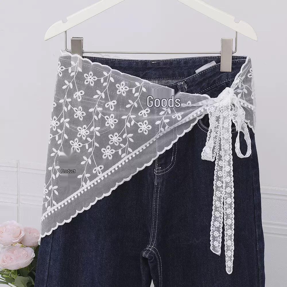 Korean Lace Embroidered Waistband Tulle Skirt with Layered Scarf Accessory