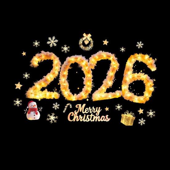 2026 Merry Christmas Window Cling Removable Waterproof PVC Xmas Golden Light String Static Glass Sticker Holiday Party Decoration Decal