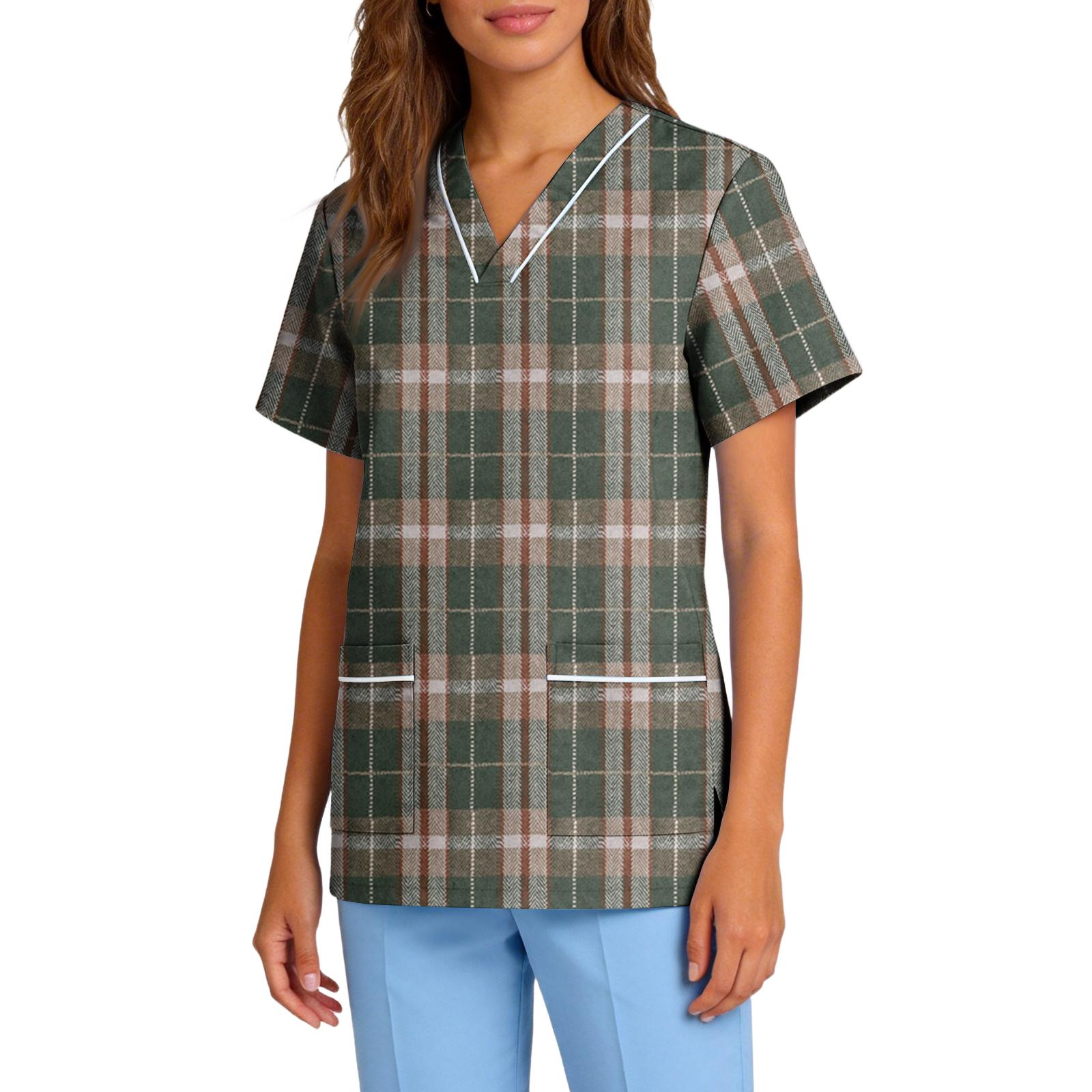 

Women s V-Neck Short Sleeve Workwear Top with Pockets & Moisture Wicking Fabric L армия зеленый