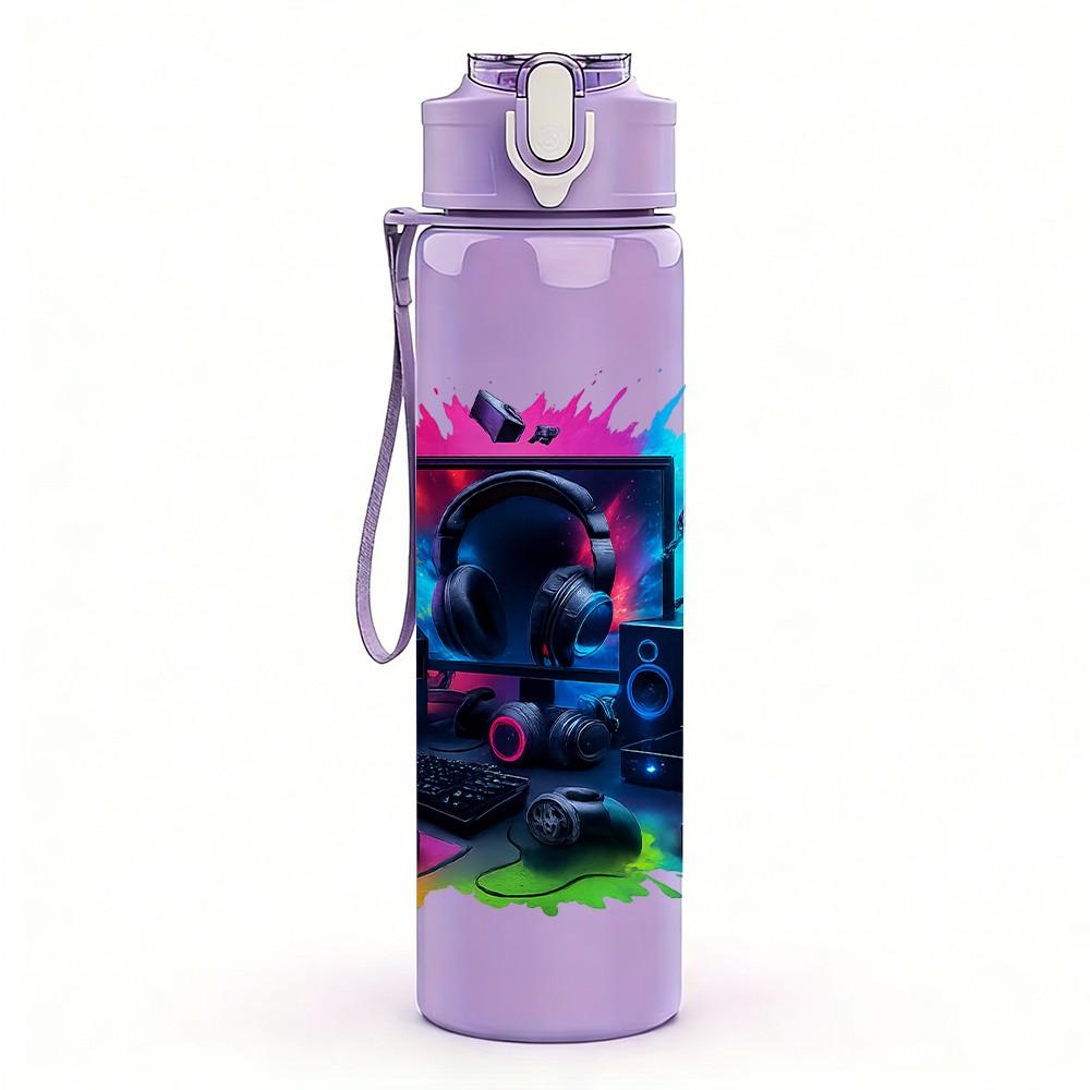 1PC Colorful PC Gaming Setup Art 750ml Color Plastic Sports Water Bottle Leakproof Flip Straw Lid Suitable for Sports Office Home Use