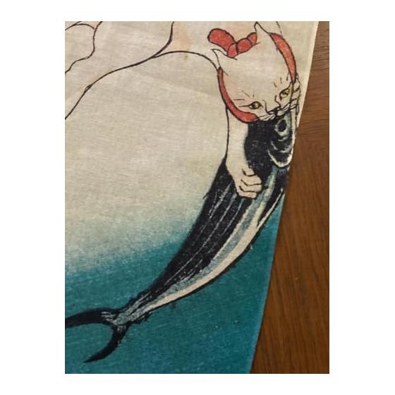 Ukiyo-e Tenugui (Hand Towel) - "Katsuo" (Bonito) Cat Pun by Kuniyoshi Utagawa - 100% Cotton, Tokkaoka Premium Japanese Fabric, Reactive Dye, Nassen