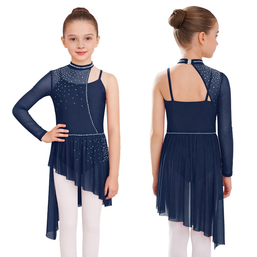 Children’s Dance Dress One Shoulder Long Sleeve Mesh Patchwork Spaghetti Straps Irregular Hem Asymmetrical Style for Lyrical Routine