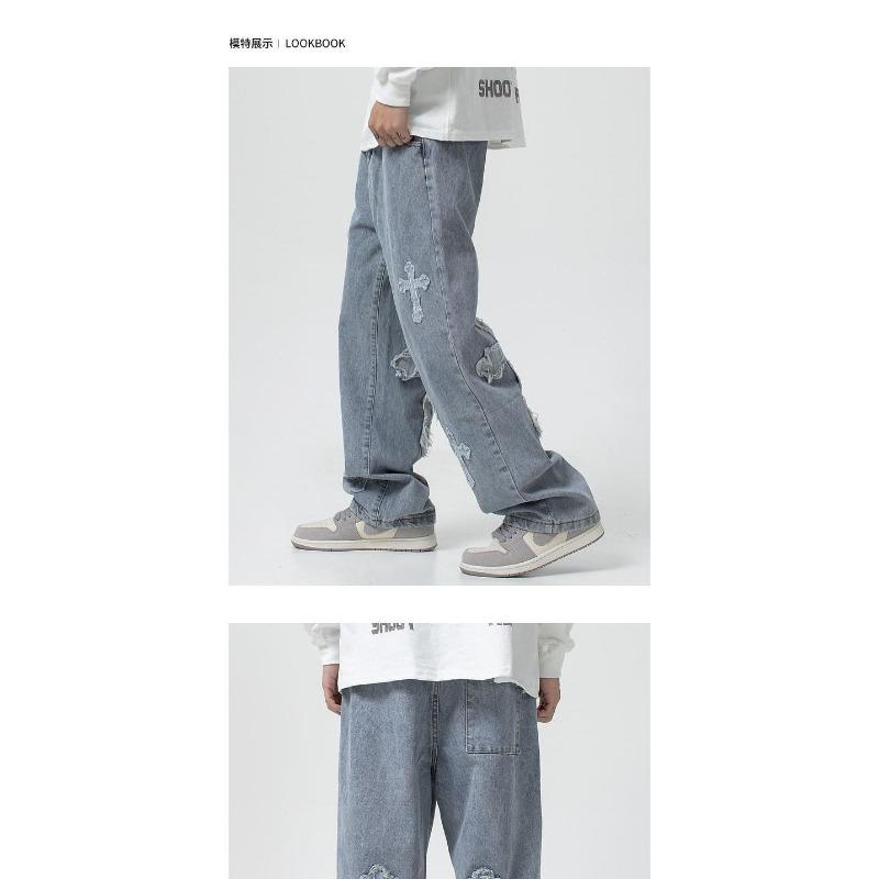 Men Cross Applique Hip Hop Loose Straight Wide Leg Casual Denim Jeans