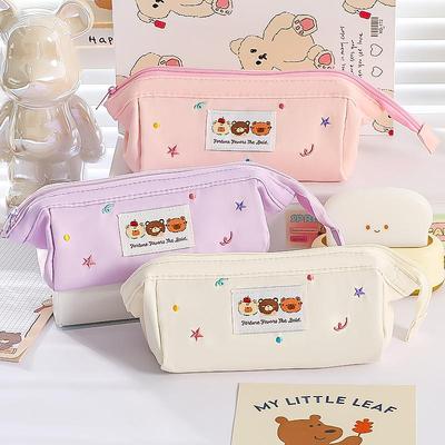 1 sztuka Trzy Kreskówkowe Niedźwiadki Etui na Ołówki Piórnik Haftowany Wzór Duży Otwór Urocza Przenośna Saszetka do Przechowywania Uczeń