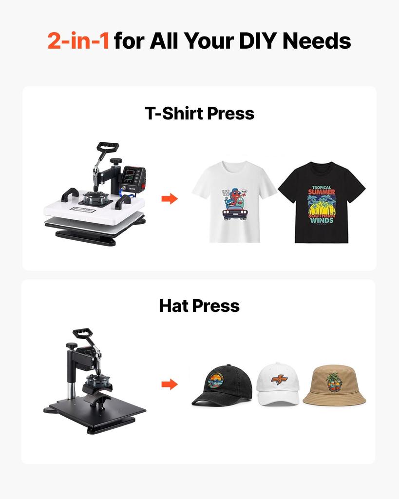 VEVOR Heat Press Machine 38 X 38 Cm 2-in-1 Combo Sublimation Press Machine, 360 Degrees Swing Away, Heat Up Fast and Even