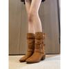 Retro-Temperament spitze dicke Absatz-Ritterstiefel Damen Gürtelschnalle Mode mittelhohe Stiefel