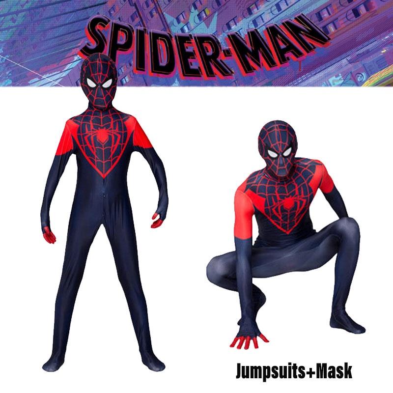 Spider-Man Miles Morales Cosplay-Kostüm für Erwachsene und Kinder, bestehend aus Overall und Kapuze aus Polyesterfaser