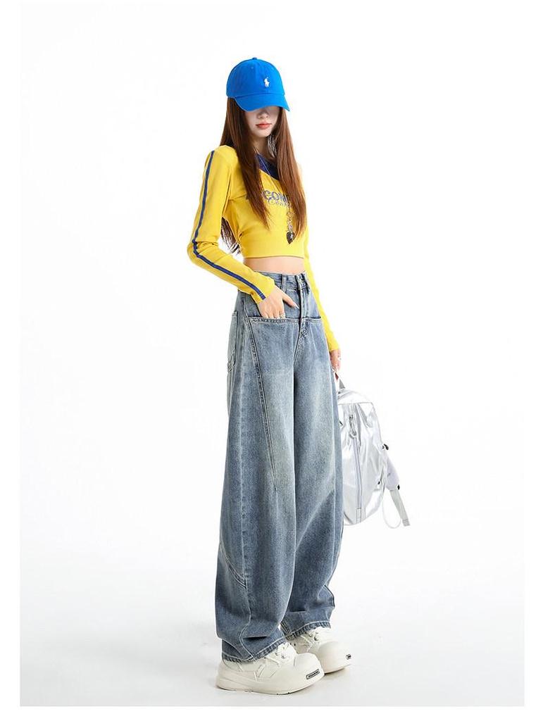 Retro Wide-Leg Jeans for Women - Spring Plus Size, Loose Fit, Floor-Length Pants