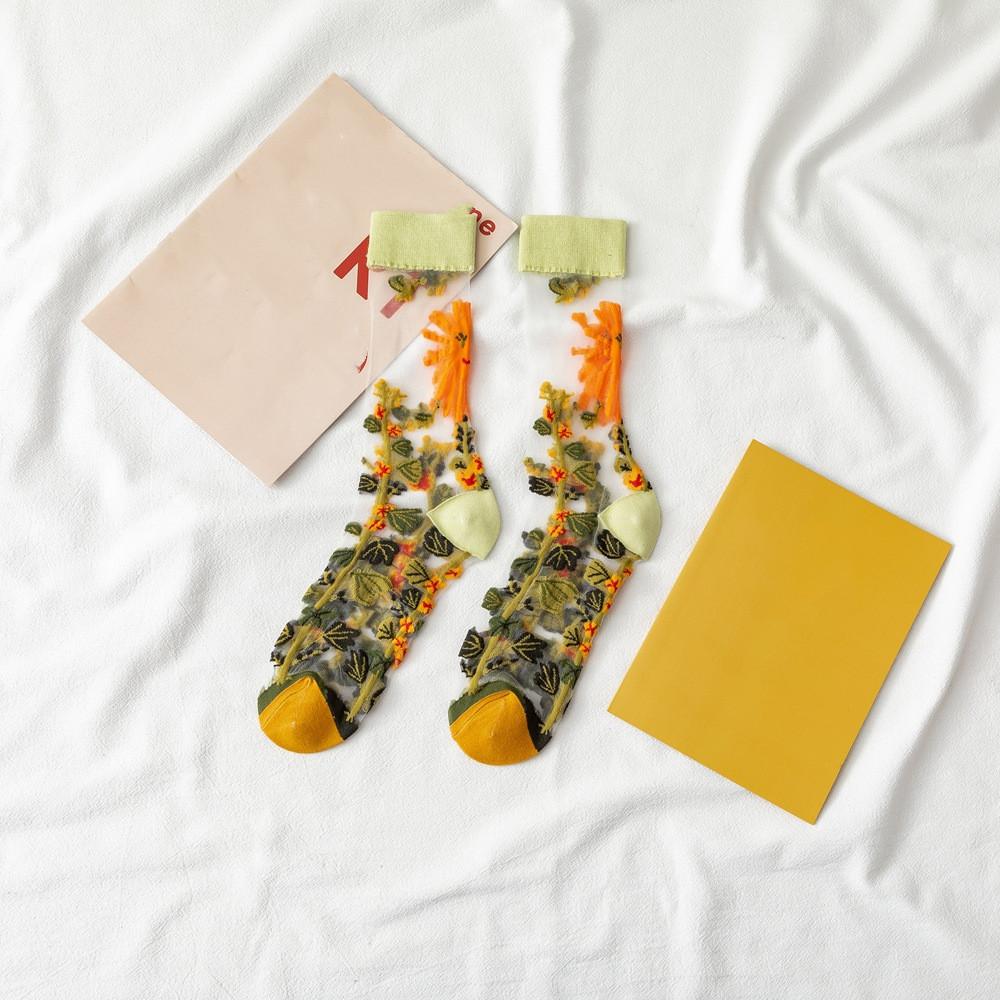 Ultra-thin Transparent Crystal Silk Socks Women Fashion Summer Harajuku Crew Socks Retro Flower Streetwear Elastic Long Socks