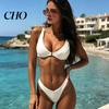 Costume da Bagno Donna Sexy Set Bikini a Triangolo, Top Push-Up Scollo a V Profondo Monocolore con Slip a Triangolo Taglio Alto, Costume da Bagno Traspirante ad Asciugatura Rapida